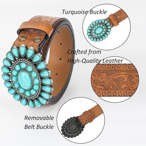 Women Western-Turquoise-Belt Embossed-PU-Leather-Cowgirl-Belt Applies-Jeans-Pant - Picture 6 of 9
